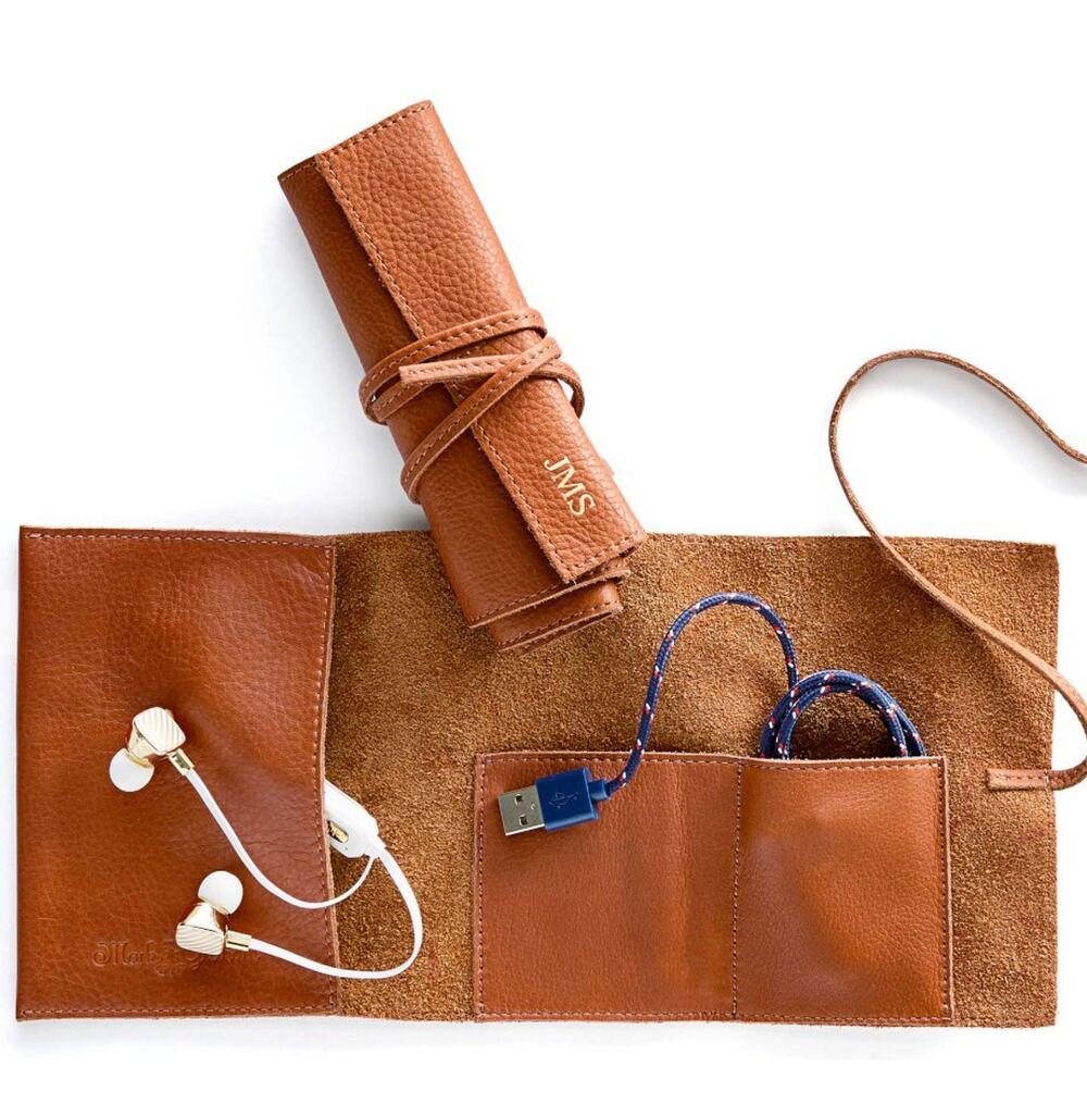Mark & Graham NEW Leather Charger Rollup Camel Brown Tan with Tie NWOT Monogram